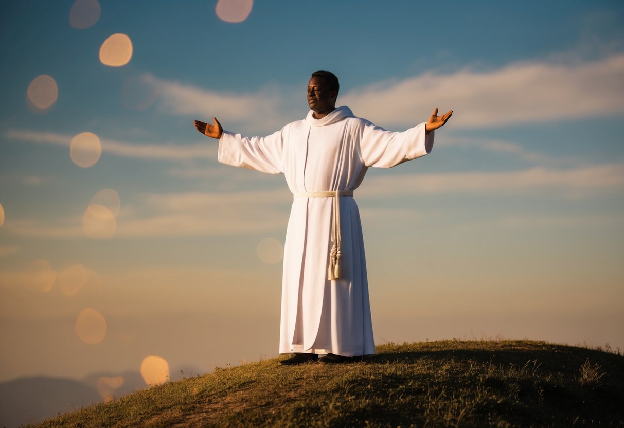 A figure in white robes stands on a hill, arms outstretched, surrounded by a peaceful, golden light