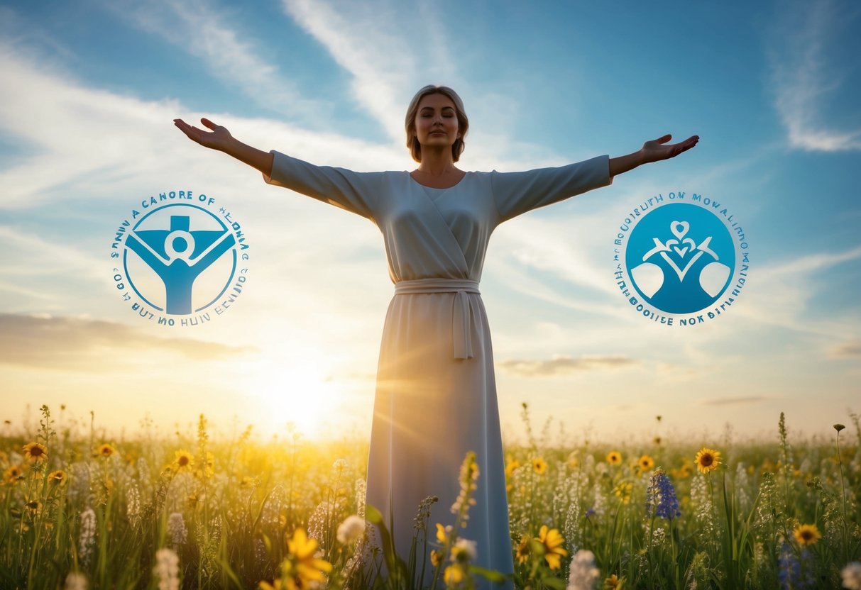 A figure standing in a peaceful, sunlit meadow, with outstretched arms and a gentle expression, surrounded by symbols of hope and healing