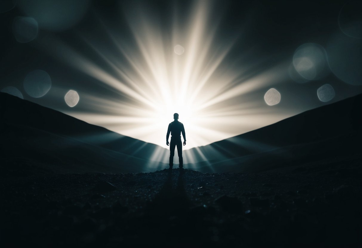 A figure stands in a dark valley, surrounded by shadows. A radiant light breaks through the darkness, illuminating the figure and casting away the shadows