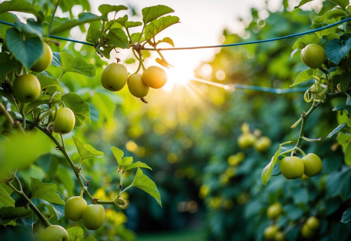 A serene garden with a vine and branches, bearing fruit, connected to a central source of light and life