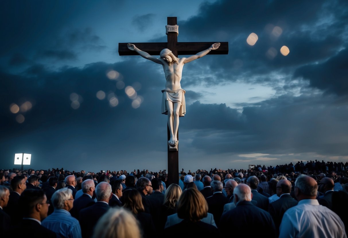 A figure on a cross, surrounded by a crowd, with a dark sky and a sense of solemnity