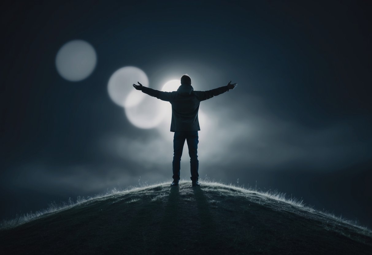 A lone figure on a hill, arms outstretched, surrounded by darkness and light