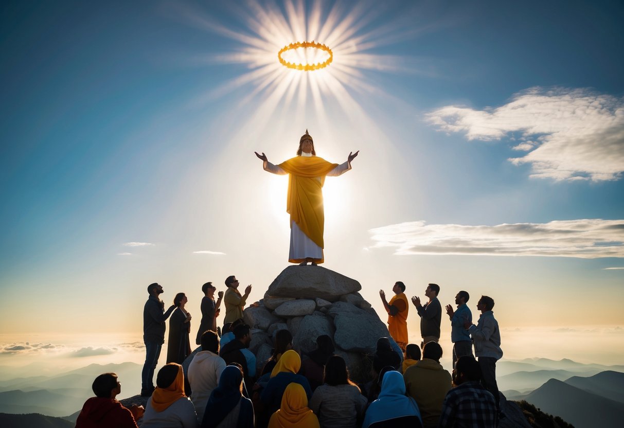 A radiant figure stands atop a mountain, surrounded by adoring followers. The skies part, revealing a crown of light above his head