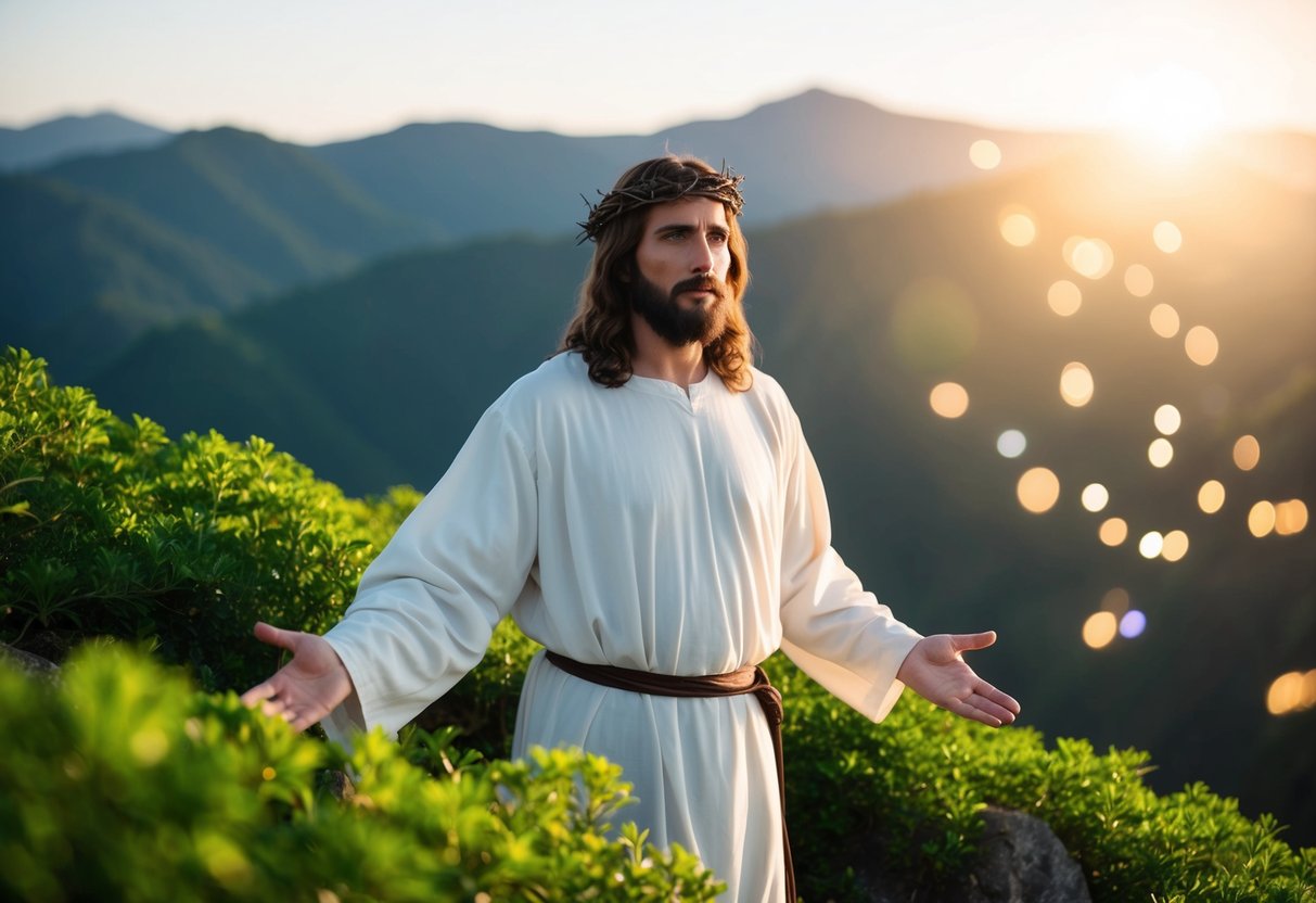 Jesus stands atop a mountain, surrounded by lush greenery, with a crown of thorns on his head. The sun shines down on him, casting a warm and peaceful glow over the scene