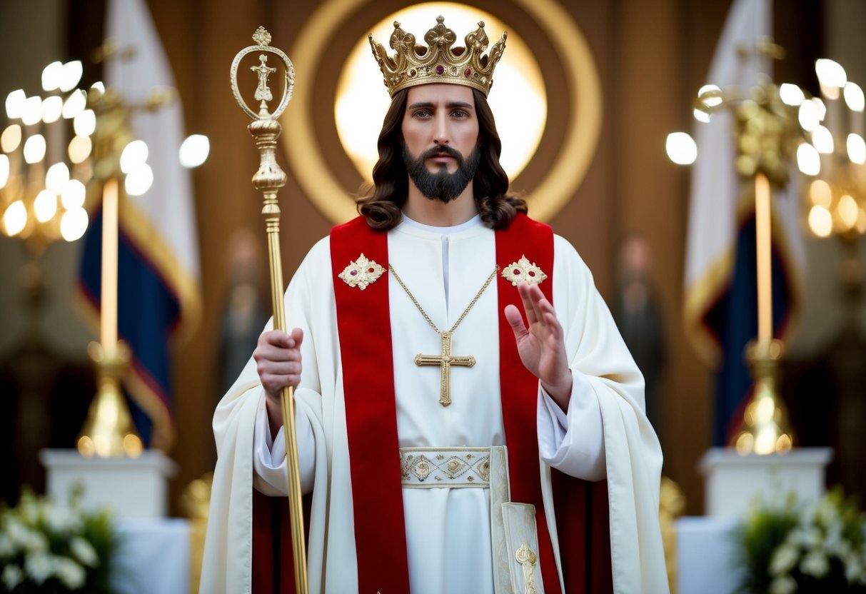 Jesus Christ stands in a position of authority, wearing a regal crown and holding a scepter, surrounded by symbols of power and divine presence
