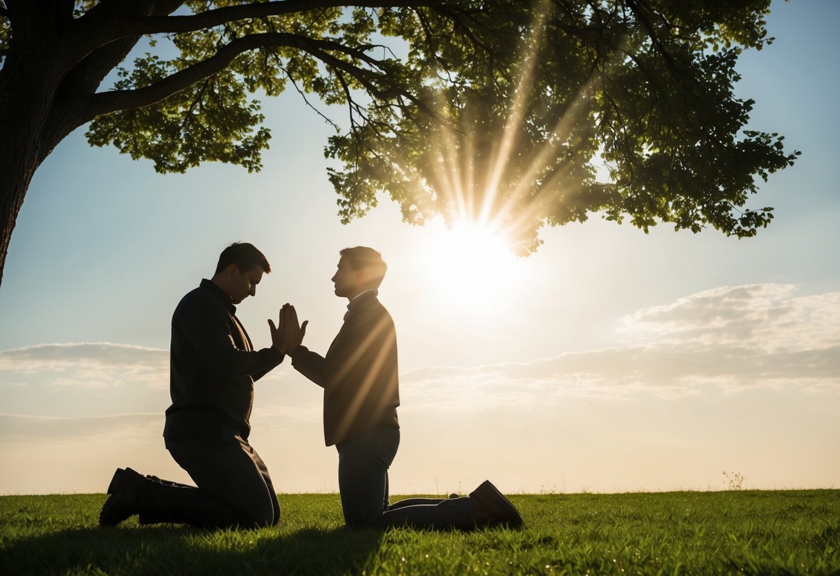 A person kneeling in prayer under a tree, with rays of light shining down from the sky onto them