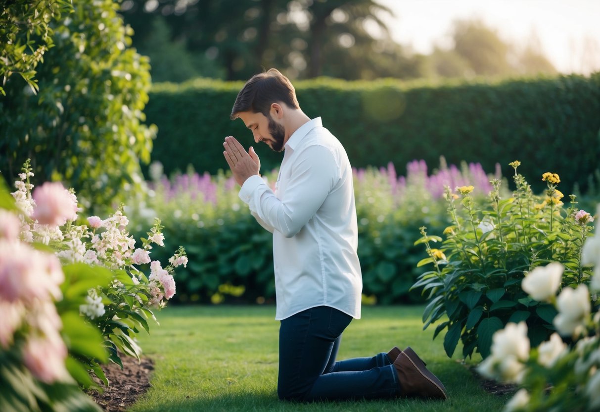 A person kneeling in a peaceful garden, surrounded by blooming flowers and lush greenery, with their eyes closed in prayer, feeling a deep connection with Jesus