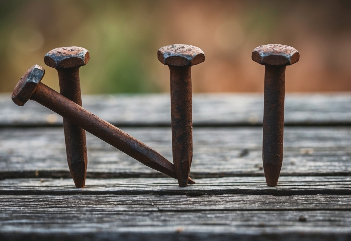 Three long, rusty nails driven into weathered wood
