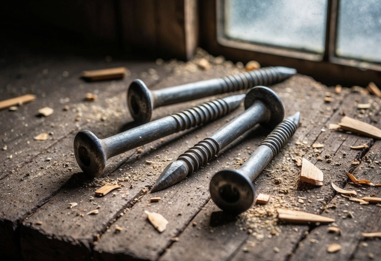 Three large nails lie on a rough wooden surface, surrounded by scattered wood chips and dust. Rays of light filter through a small window, casting shadows on the ancient tools
