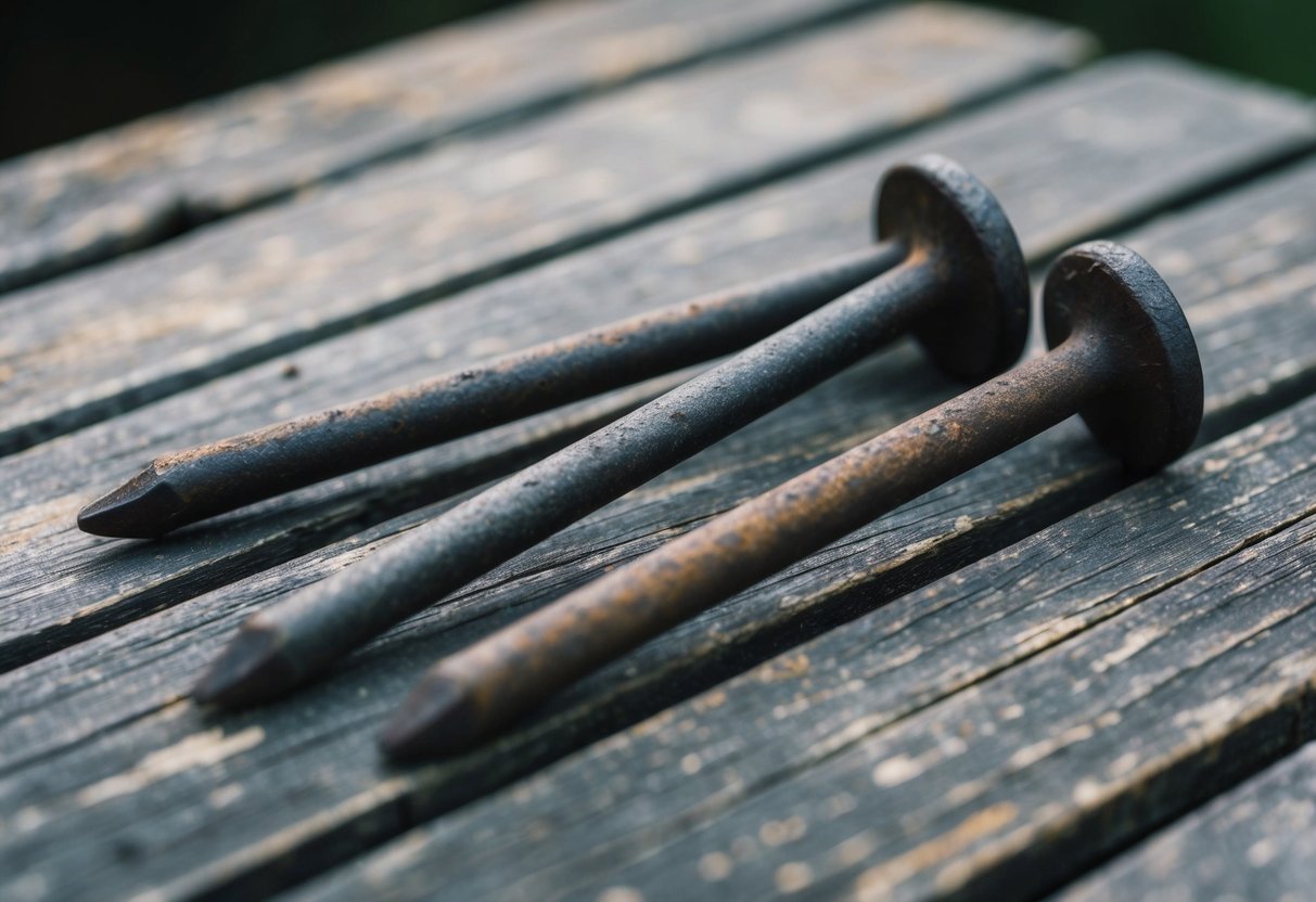 Three iron nails, approximately 15-20 cm in length, lay on a weathered wooden table. The nails are rusted and worn, with a thick, tapered tip