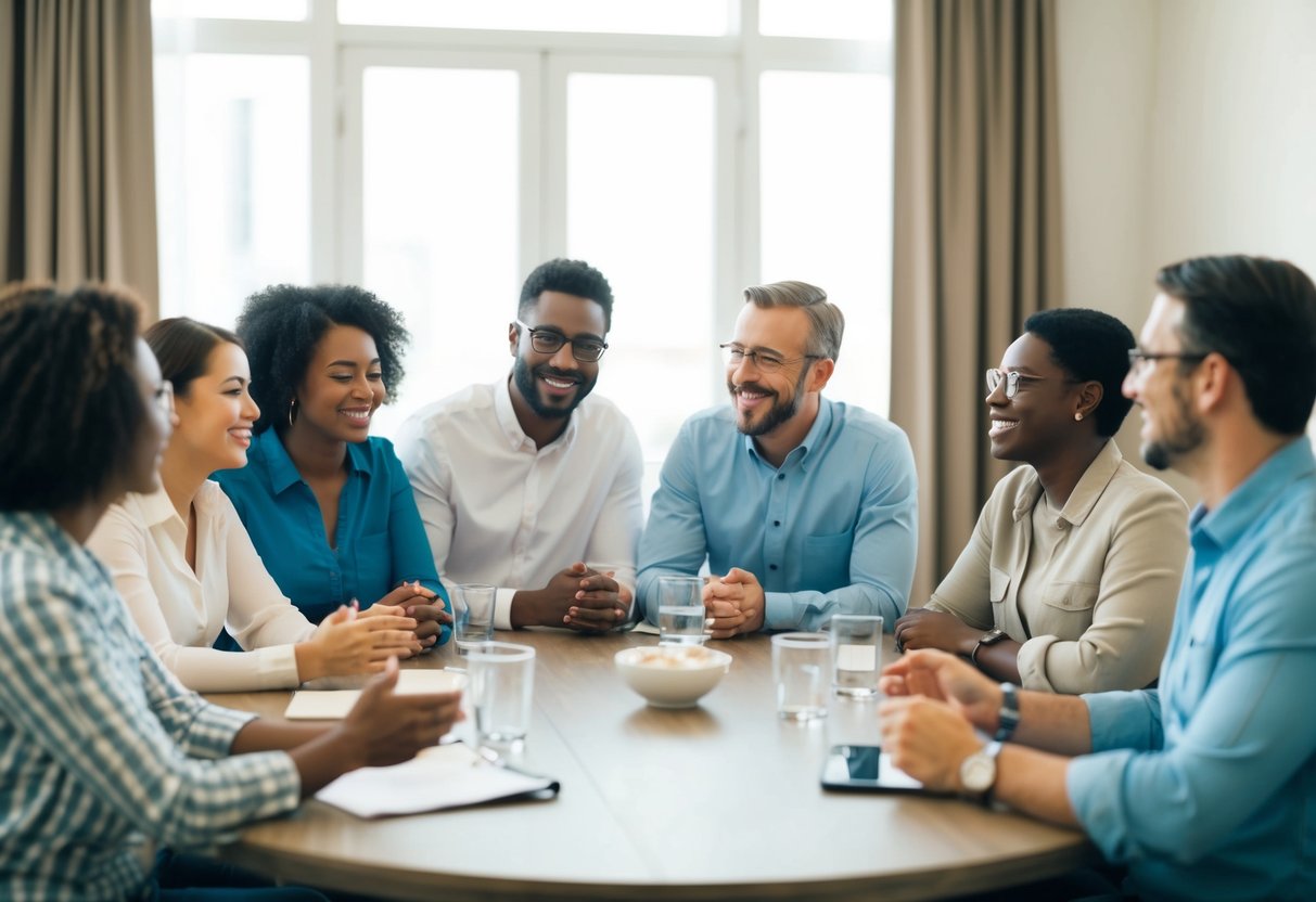 A group of people gathered around a table, engaged in a lively and comfortable conversation about Jesus. Smiles and nods indicate genuine interest and understanding