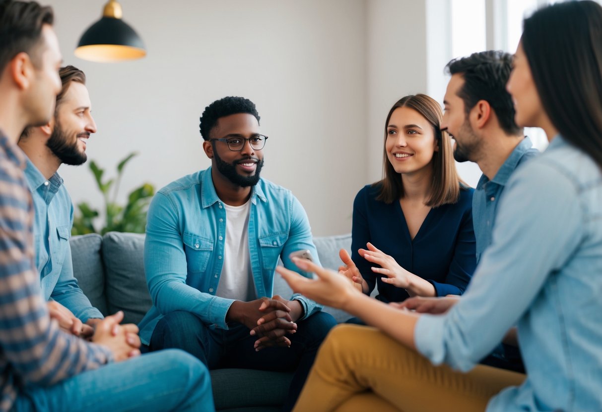A group of people engaged in casual conversation, with one person confidently discussing the teachings of Jesus without any sense of awkwardness