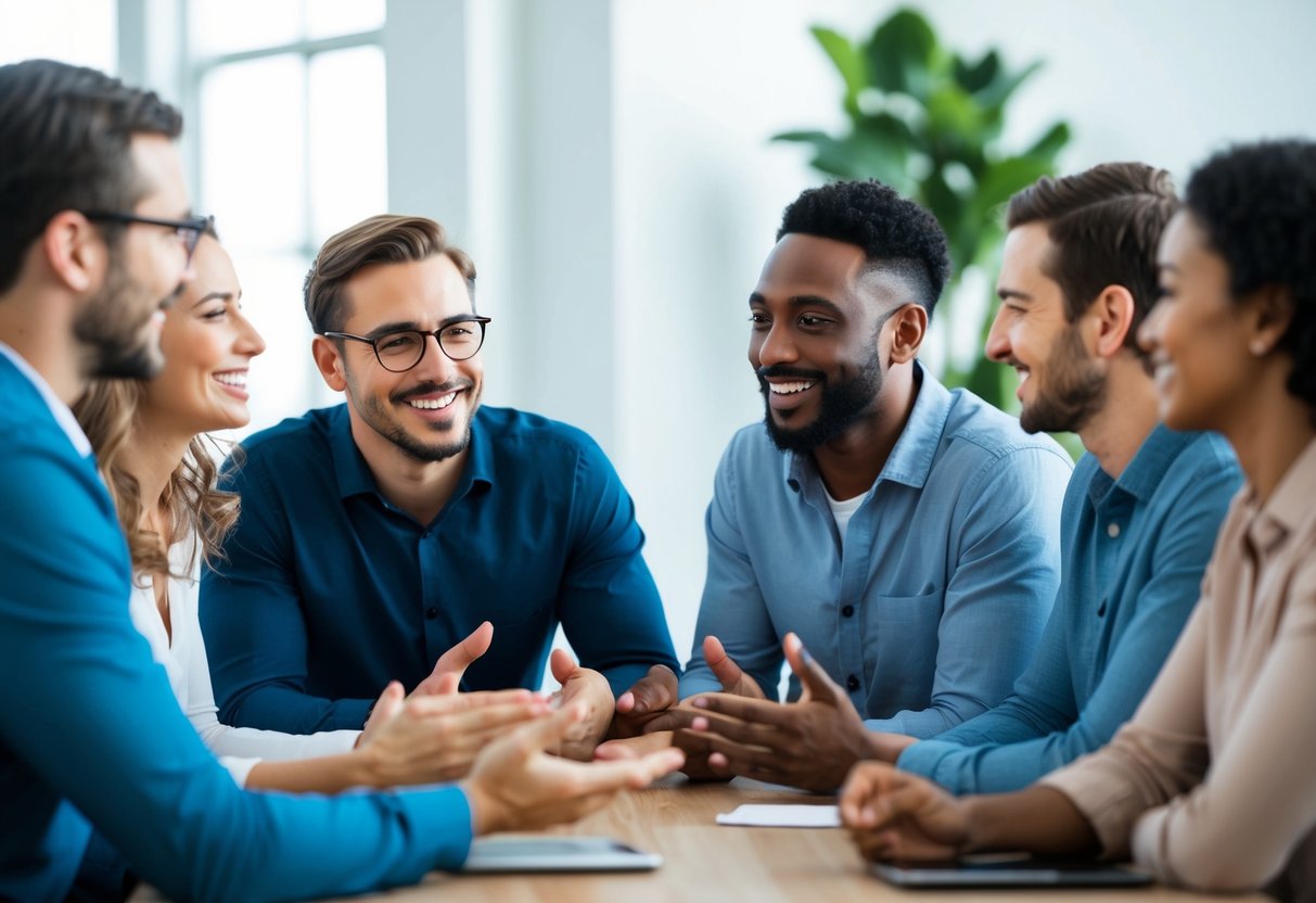 A group of people engaged in a lively and comfortable conversation, with smiles on their faces and a sense of ease as they discuss the topic of Jesus without any awkwardness