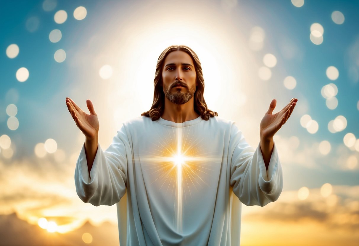 Jesus embraces the world, surrounded by light and love, offering salvation and grace to all