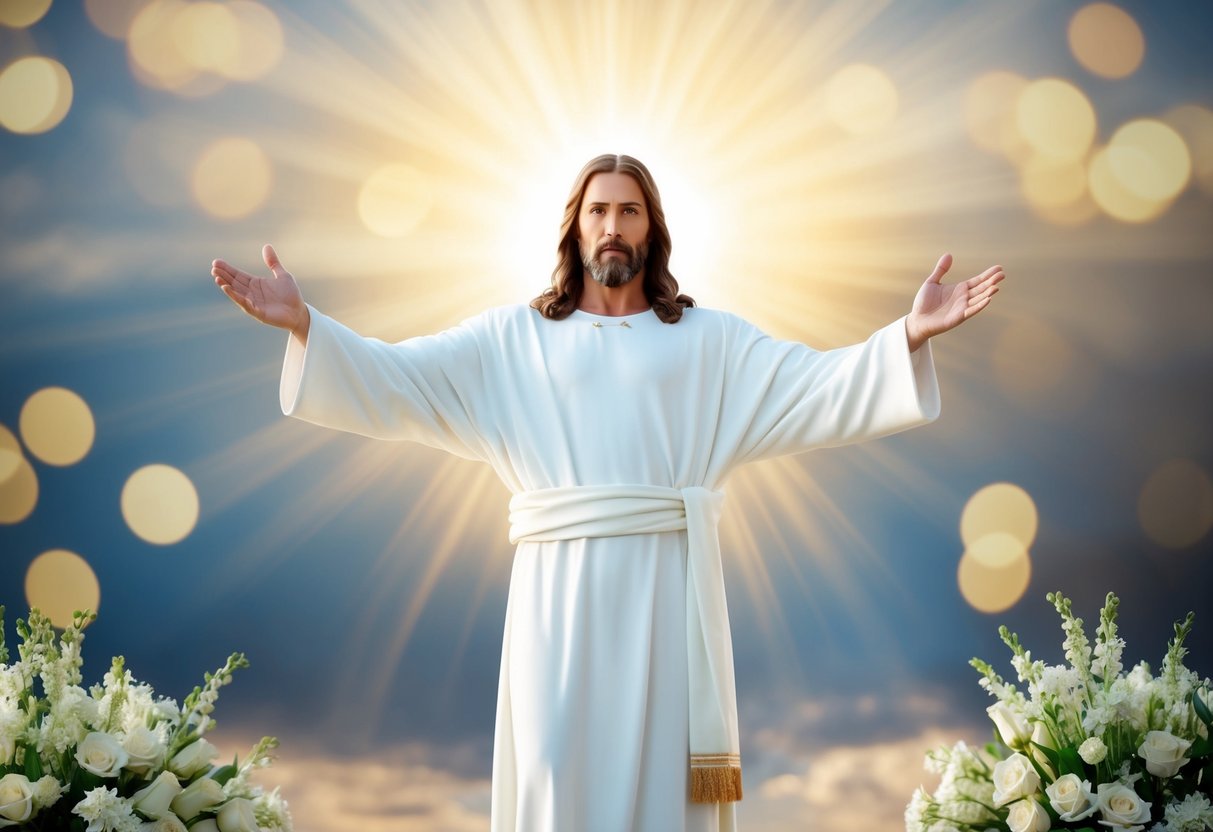 Jesus stands with open arms, radiating light and love, surrounded by a peaceful and serene atmosphere, offering spiritual guidance and comfort to those who seek him