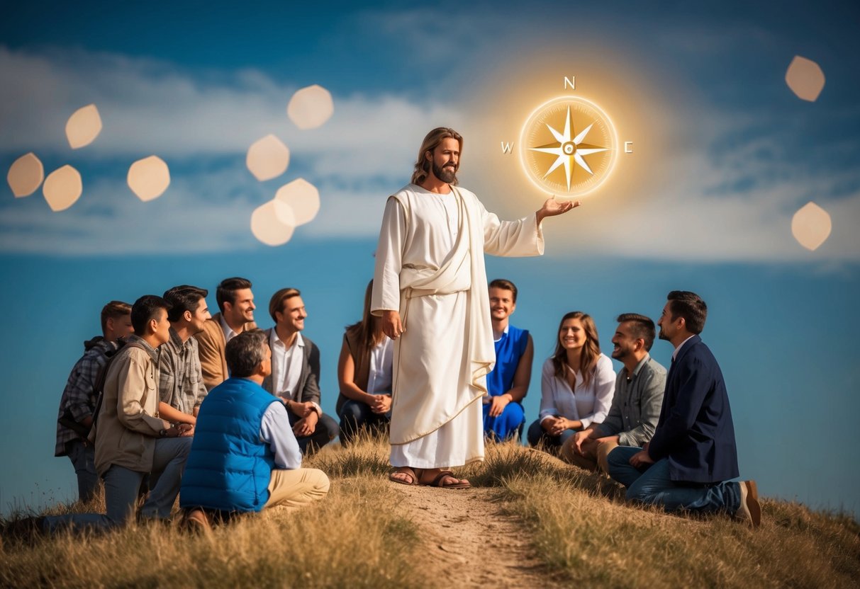 Jesus standing on a hill, surrounded by people, teaching and guiding them with a glowing moral compass in hand