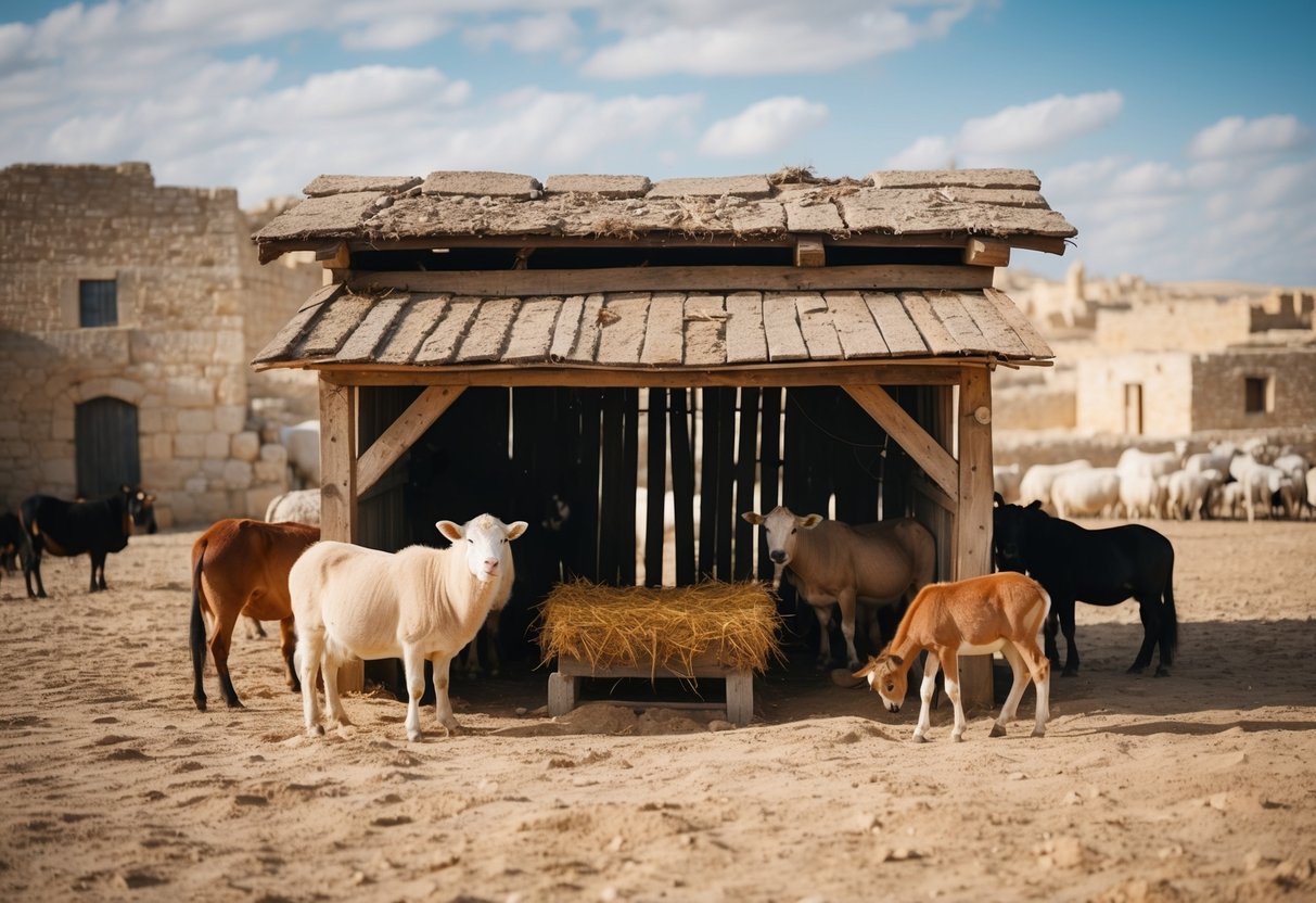 A humble stable with a manger, surrounded by animals, in the ancient town of Bethlehem