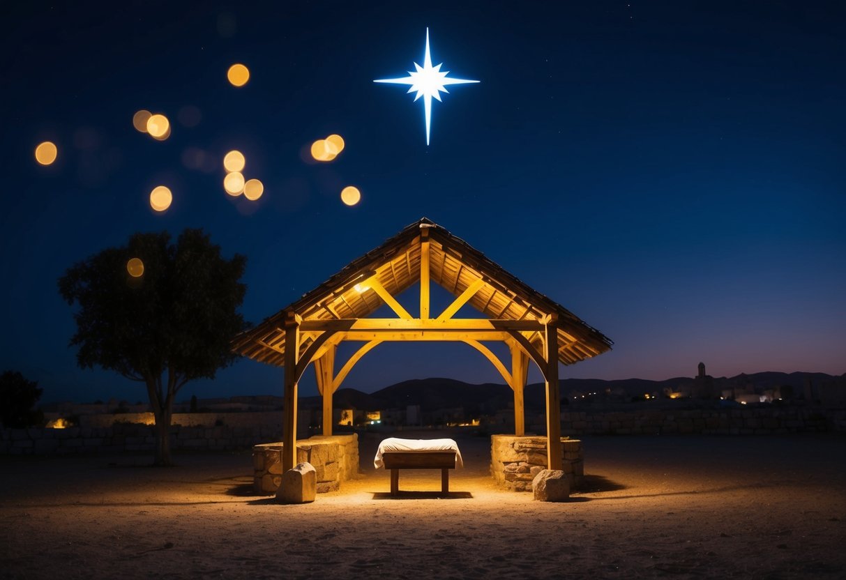 A peaceful night scene with a humble stable and a bright guiding star above, marking the birthplace of Jesus in the Holy Land