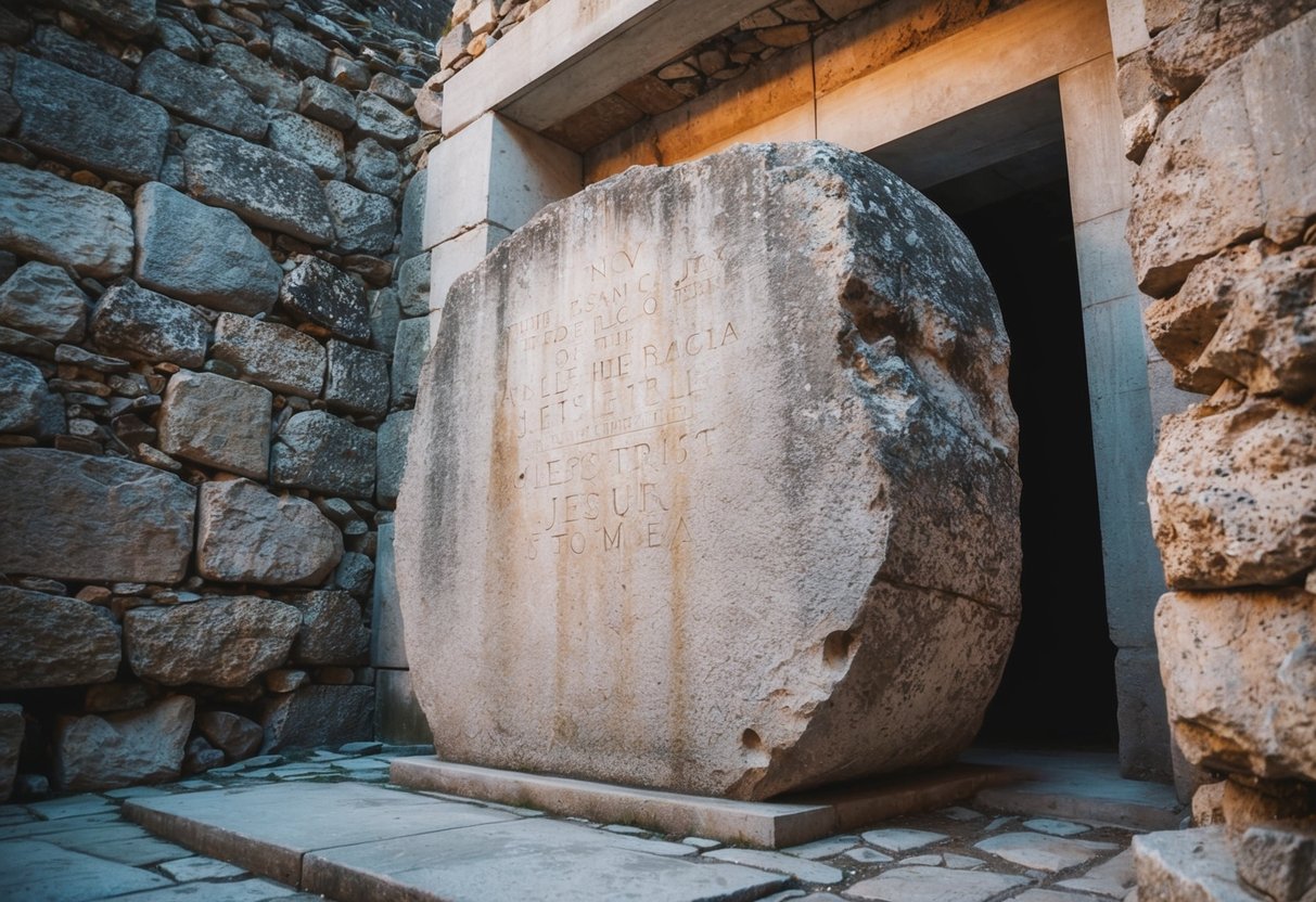 A large, weathered stone blocks the entrance to Jesus' tomb