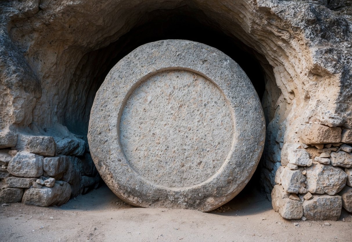 A large, round stone blocks the entrance to a cave-like tomb. It is weathered and appears to be made of rough, ancient stone