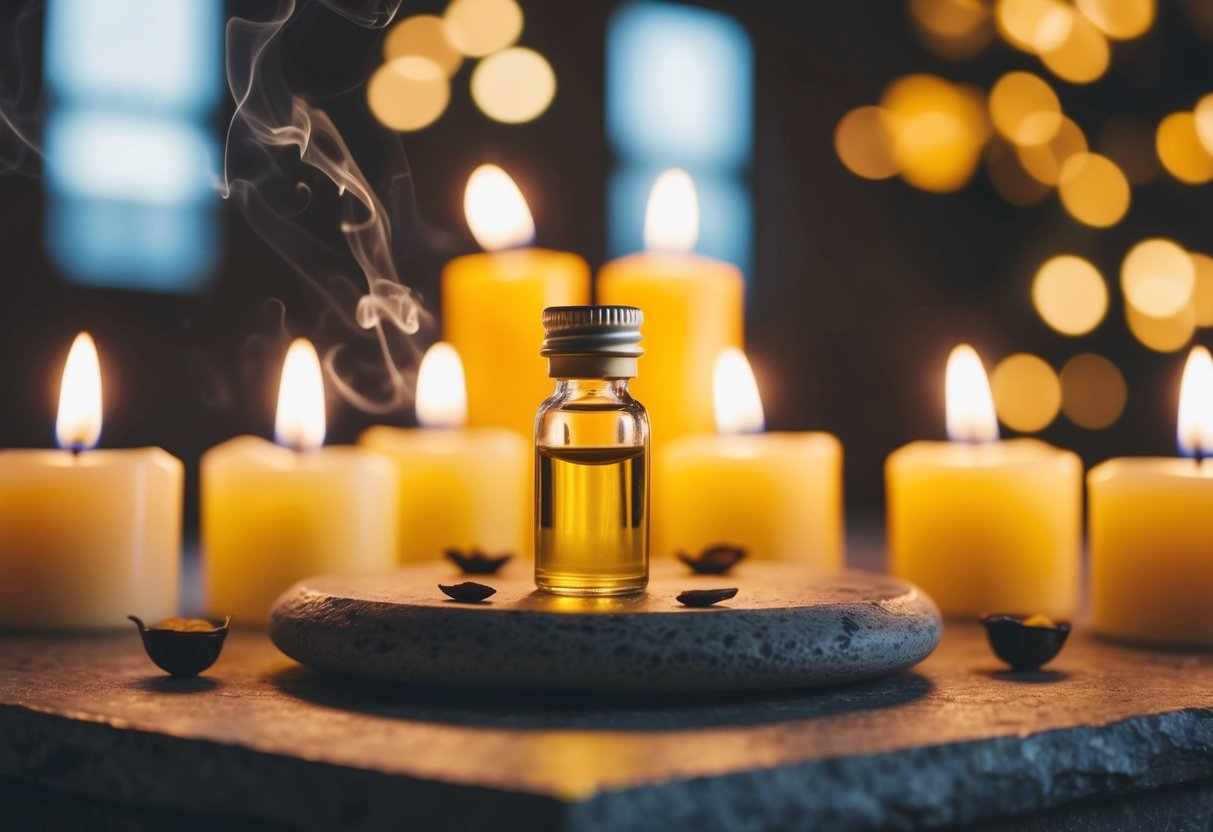 A small vial of anointing oil rests on a stone altar, surrounded by flickering candlelight and fragrant incense