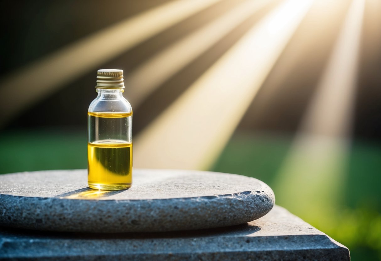 A bottle of anointing oil placed on a stone altar with a beam of light shining down upon it