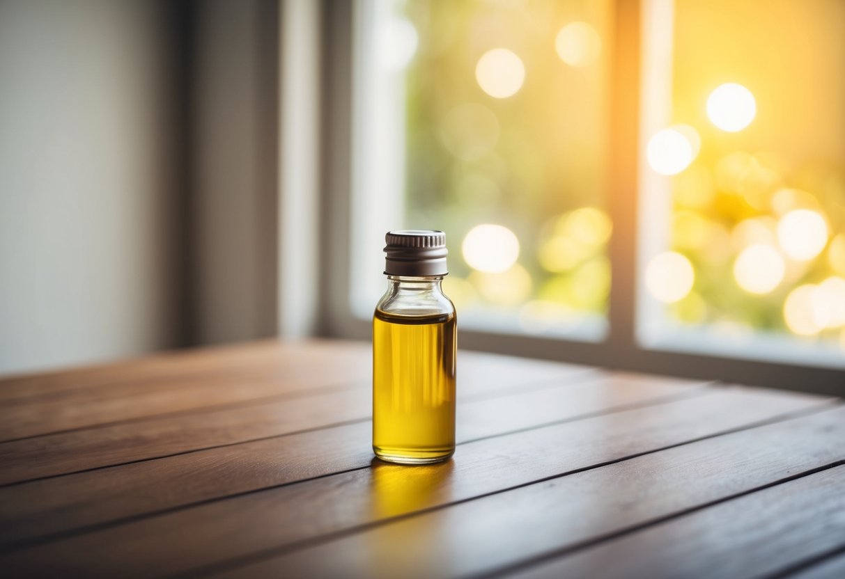 A small vial of anointing oil sits on a wooden table, surrounded by a soft glow of light streaming in through a nearby window