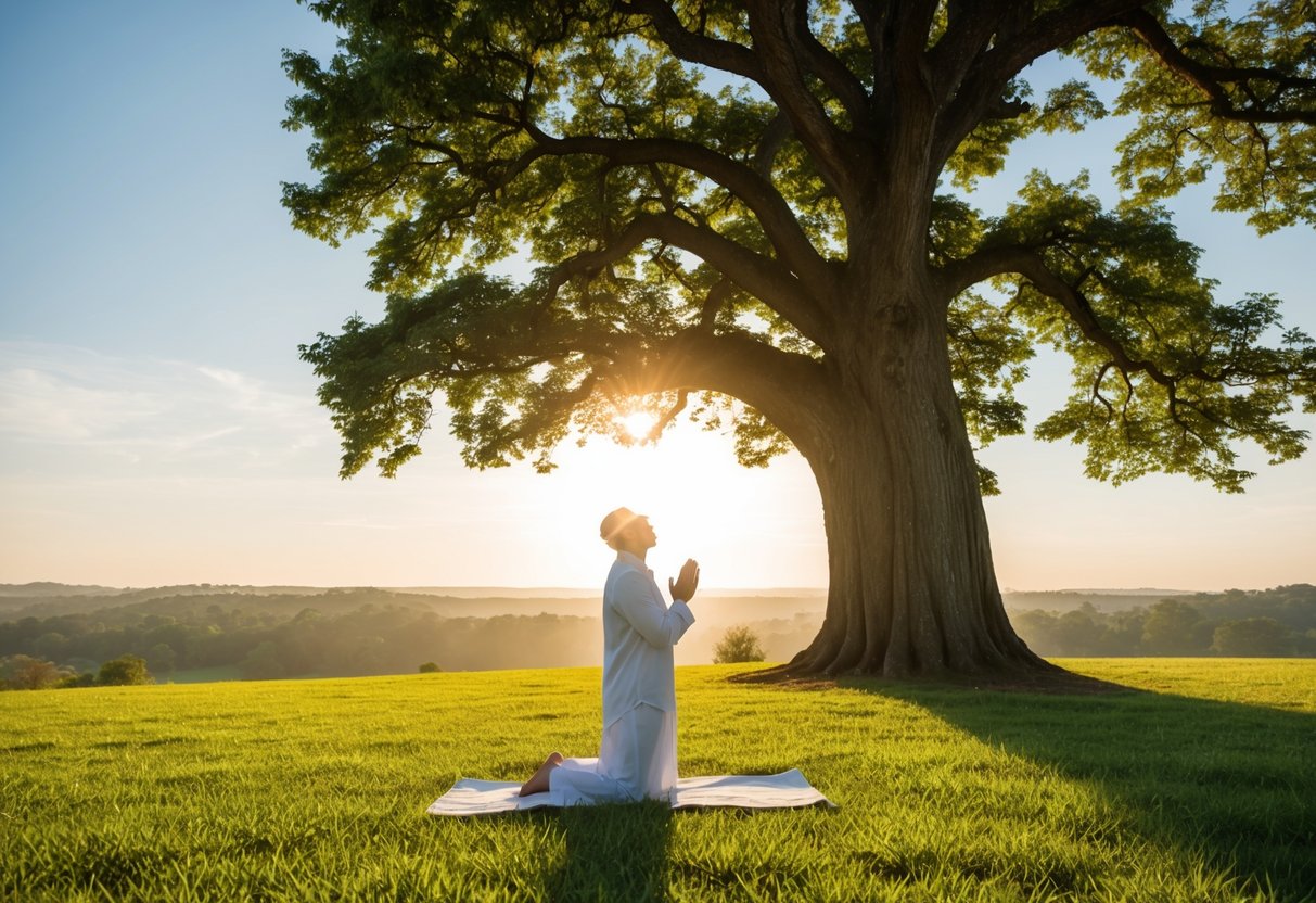 A serene, sunlit landscape with a figure in prayer under a large, ancient tree