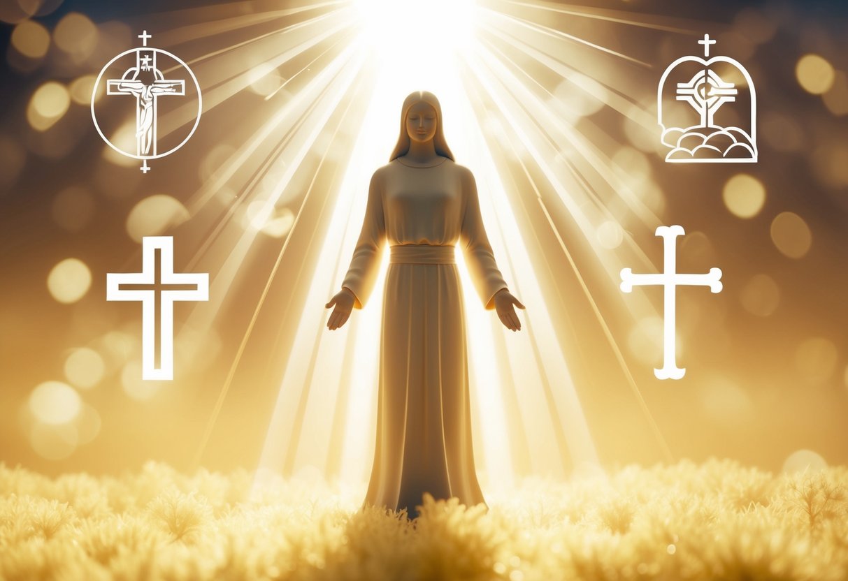 A serene figure stands in a glowing light, surrounded by symbols of faith and love. Rays of light emanate from the center, creating a sense of peace and spirituality