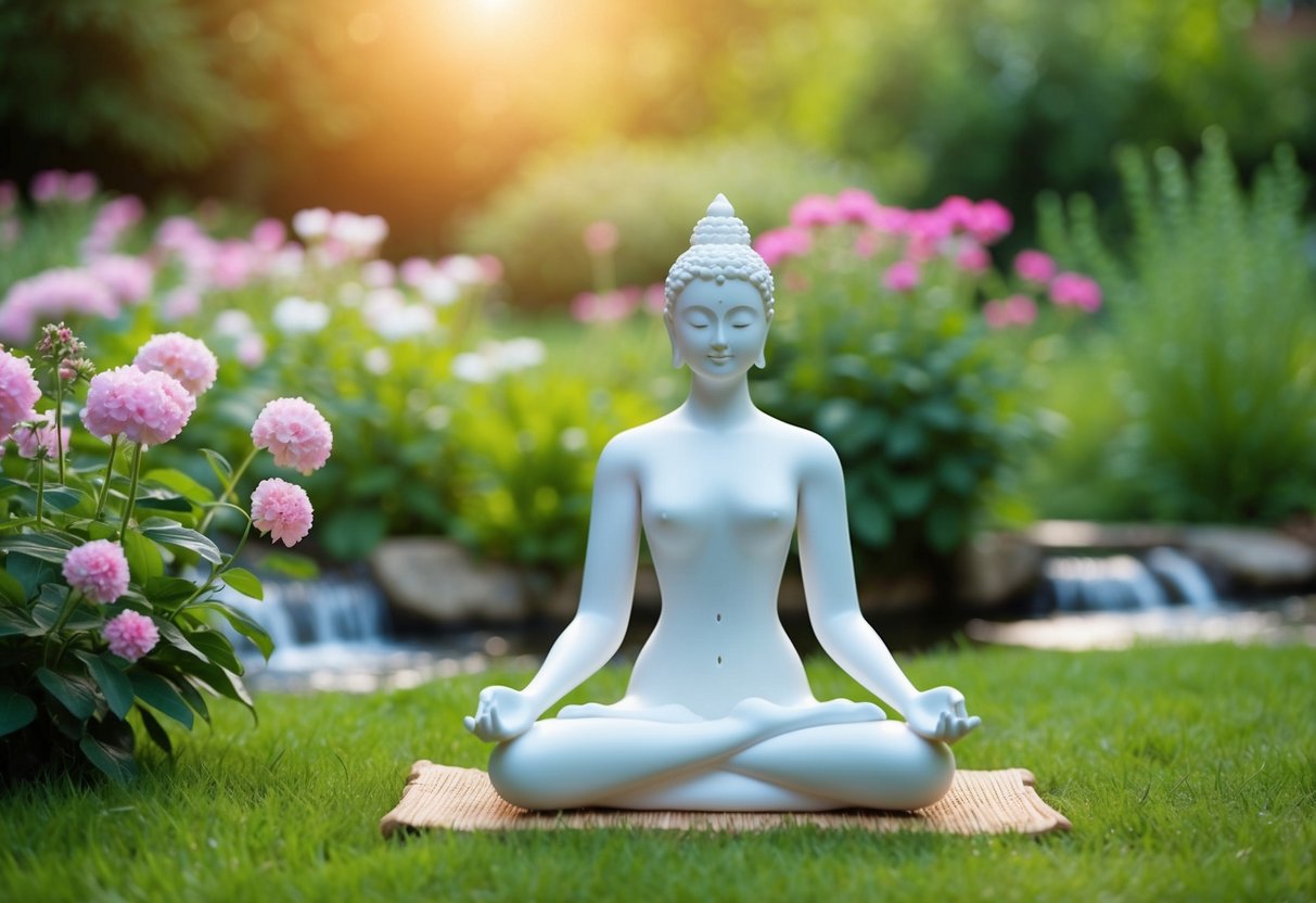 A serene figure meditates in a peaceful garden, surrounded by blooming flowers and gentle streams, seeking a connection with a higher power
