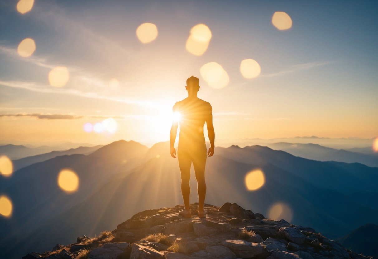 A serene figure stands on a mountaintop, surrounded by a golden glow, with a sense of peace and enlightenment emanating from the scene