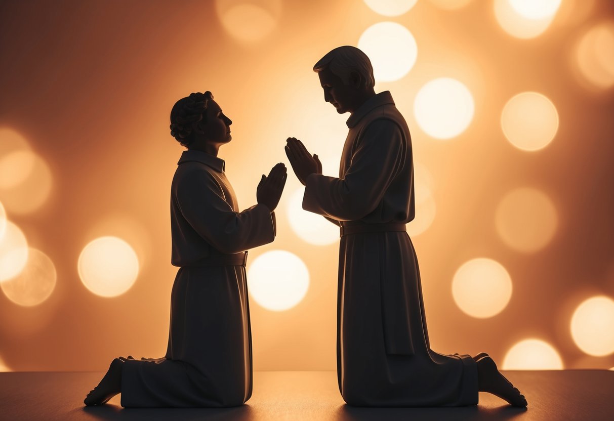 Two figures kneeling in prayer, surrounded by a warm, glowing light