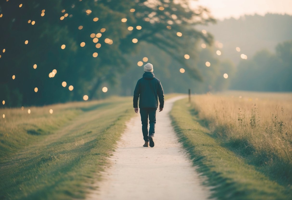 A serene landscape with a figure walking a path, surrounded by light and peace