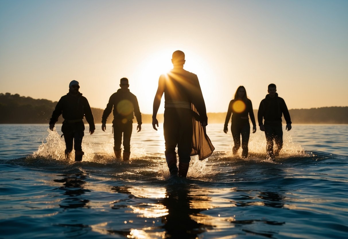 A figure leading a group through parted waters, with a radiant glow and a sense of guidance and protection