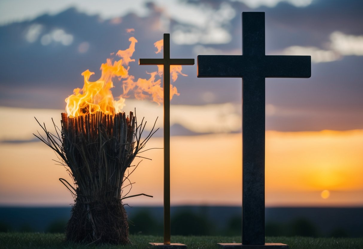 A burning bush and a cross standing side by side, symbolizing the divine communication and salvation brought by Moses and Jesus