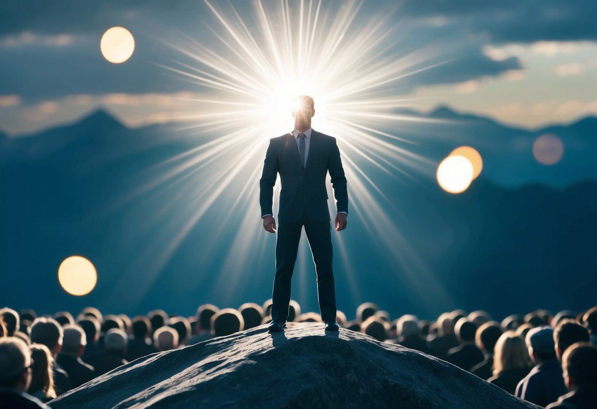 A figure stands on a mountain, surrounded by a crowd. Light radiates from the figure, emphasizing their authority