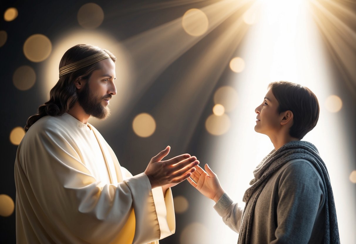 Jesus communicates with a person through a beam of light, surrounded by a sense of peace and divine presence