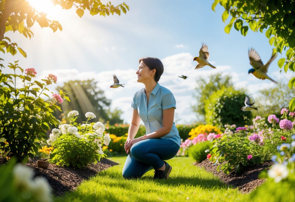 A person kneeling in a peaceful garden, surrounded by blooming flowers and birds chirping, as rays of sunlight shine down from the sky