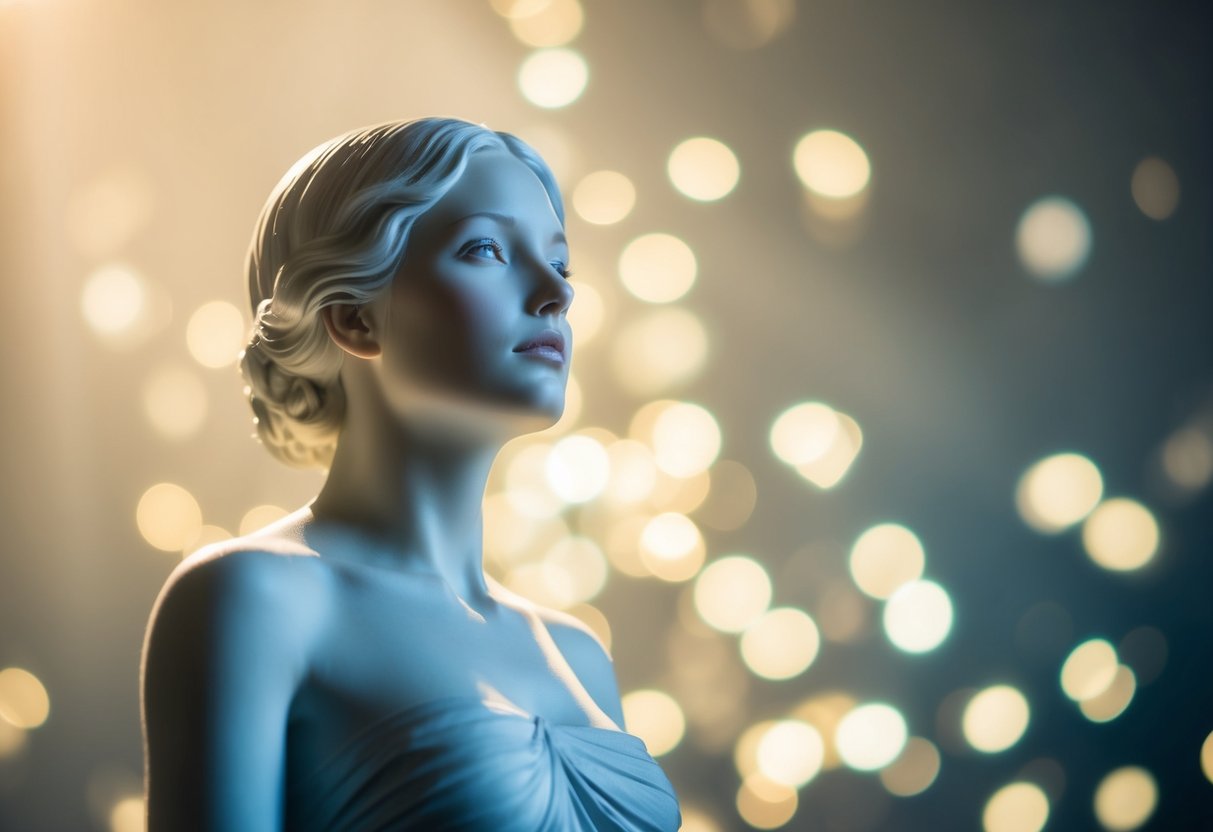 A figure bathed in light, with a serene expression, listens intently as a soft, ethereal voice seems to speak to them from above