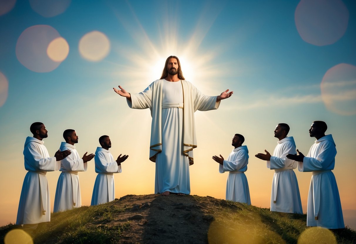 A radiant figure stands on a hill, surrounded by disciples, with a serene expression and outstretched arms
