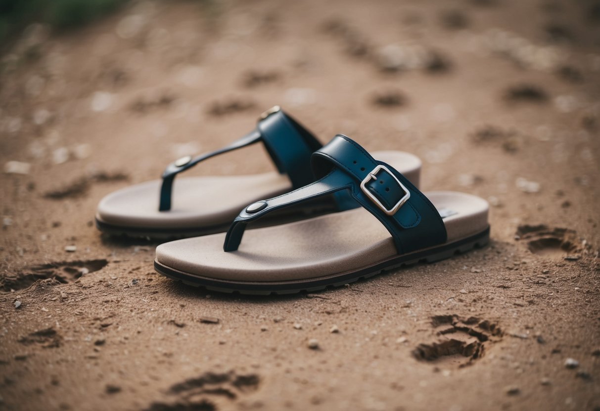A pair of simple sandals lying on the ground, surrounded by dusty footprints