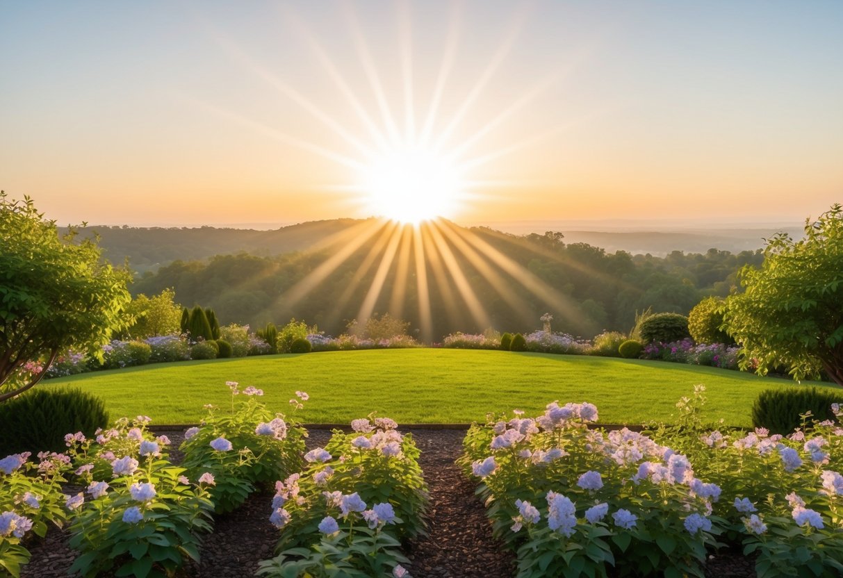 A serene landscape with a radiant sun shining down on a peaceful, blooming garden, evoking a sense of spiritual connection and tranquility