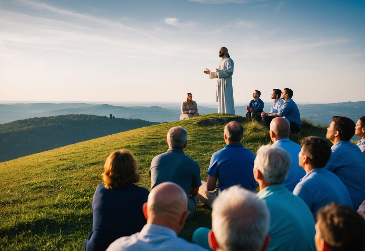 A serene landscape with a figure standing on a hill, surrounded by a group of people listening intently to his teachings and parables