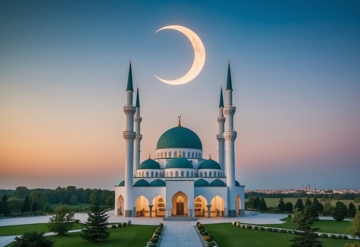 A mosque with a crescent moon and star, surrounded by peaceful landscape