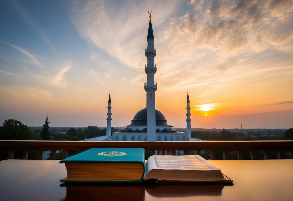 A mosque with a minaret against a sunset sky, with a Quran and a Bible side by side on a table
