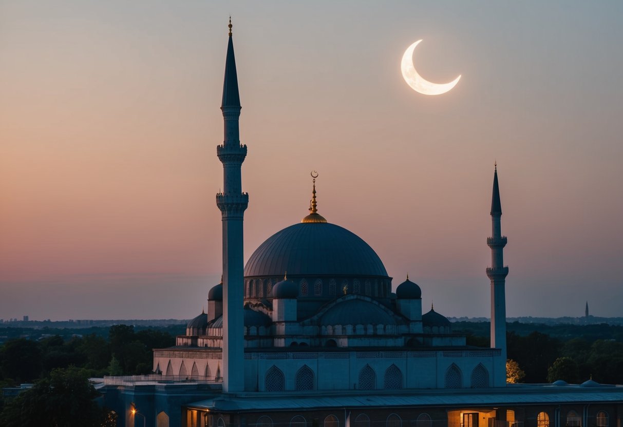 A mosque with a minaret against a sunset sky, with a crescent moon and a star in the background