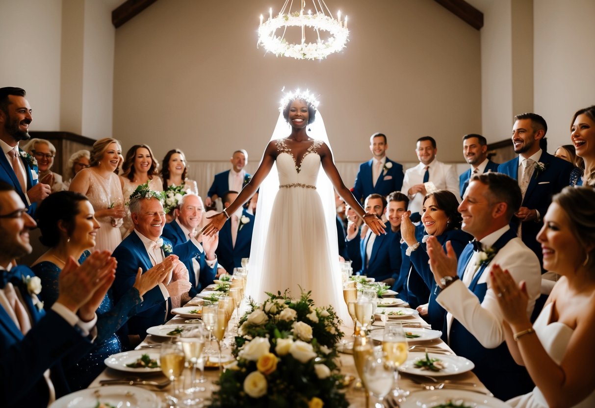 A radiant figure standing amidst a wedding feast, surrounded by joyful guests and adorned with a crown of light