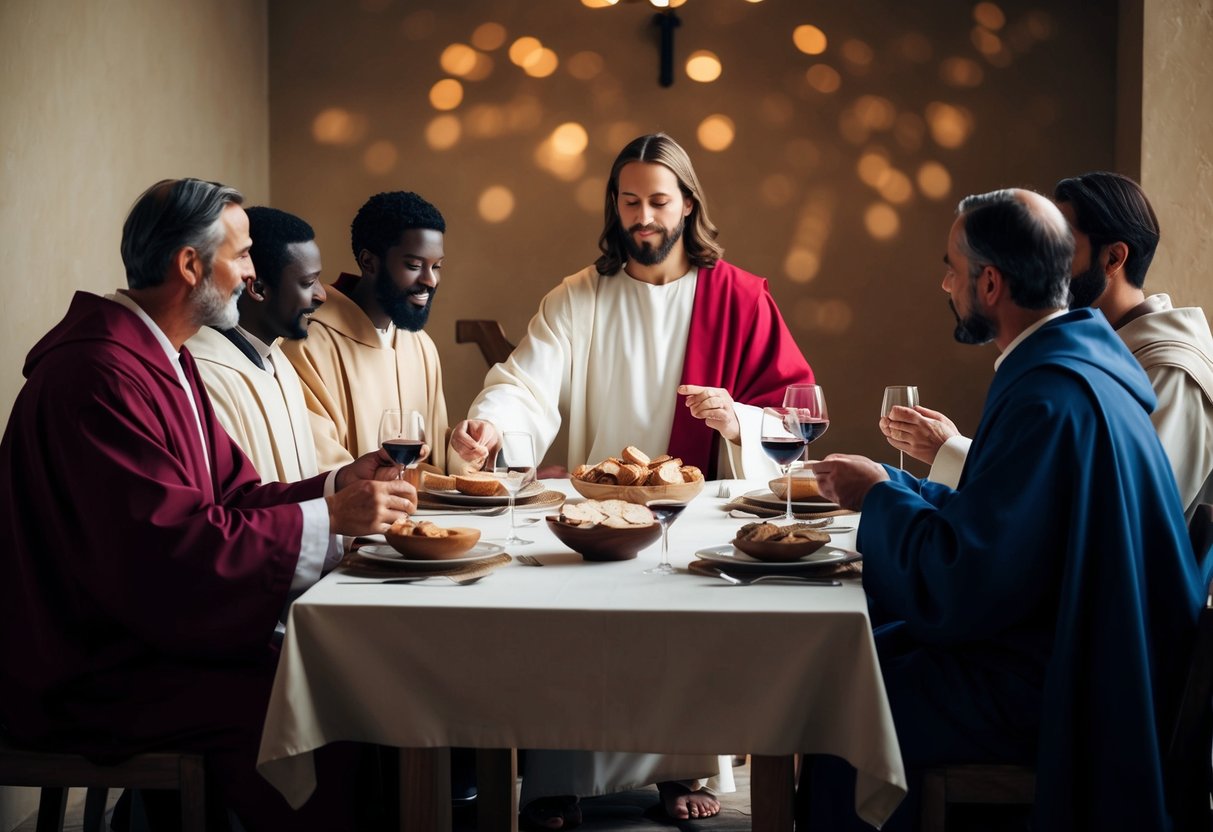 Jesus sitting at a long table with his disciples, sharing bread and wine