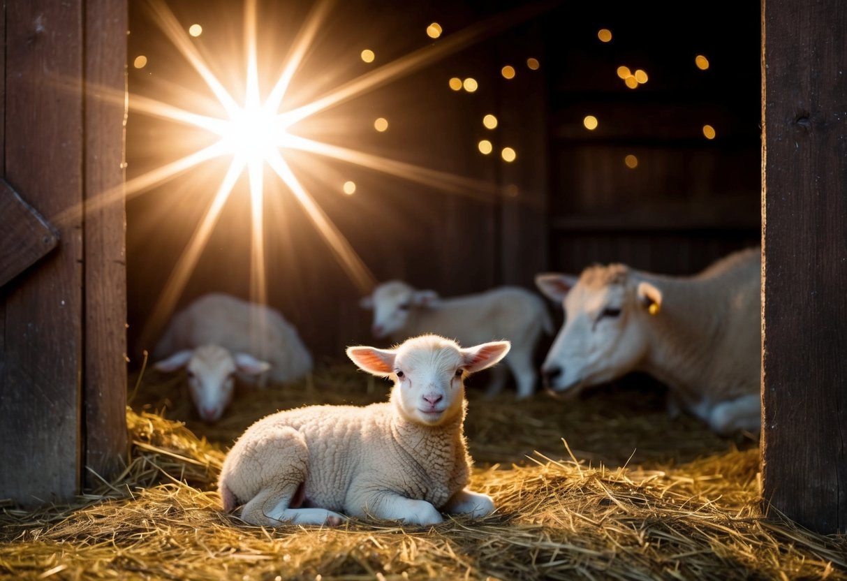 A bright star shines over a humble stable, where a newborn lamb lies nestled in fresh straw, surrounded by peaceful animals