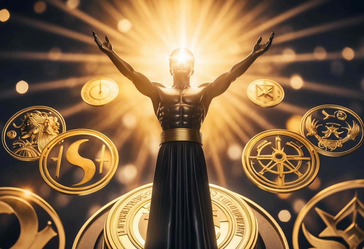 A figure radiating light, surrounded by symbols of power and creation, exuding a sense of all-encompassing strength and authority